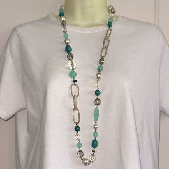 Long Silver Tone Chunky Turquoise & Faux Pearl Beaded Necklace - Picture 1 of 4